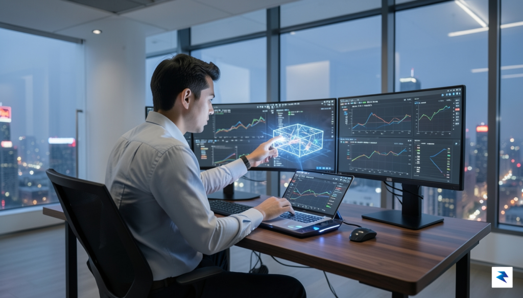A modern, high-tech workspace featuring a professional developer analyzing complex&hellip;