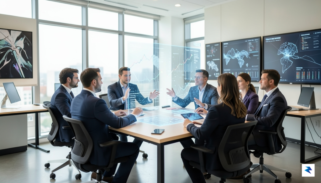 A modern, high-tech office environment where a diverse team of&hellip;