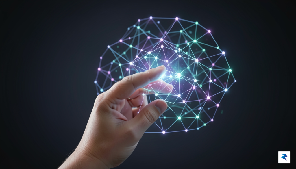 A conceptual digital illustration showing a human hand interacting with&hellip;