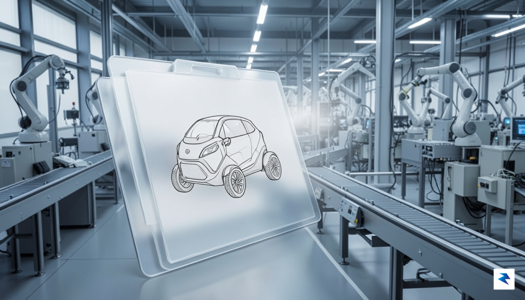 A conceptual digital illustration showing a small, three-wheeled electric vehicle&hellip;