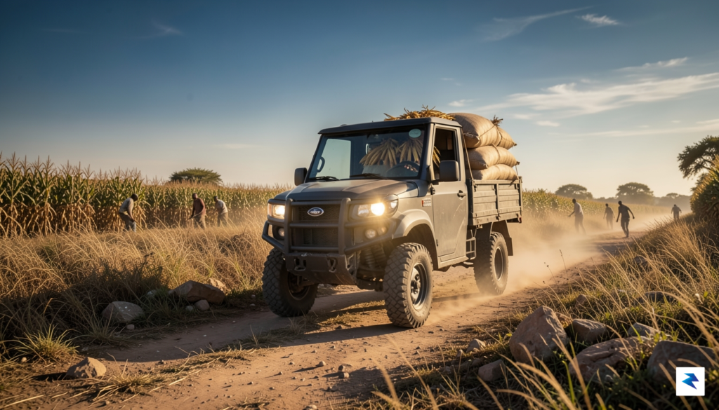 A wide-angle, realistic shot of a rugged, three-wheeled electric utility&hellip;