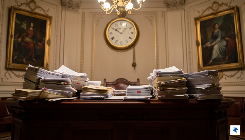 A conceptual image showing a crowded, chaotic legislative desk in&hellip;
