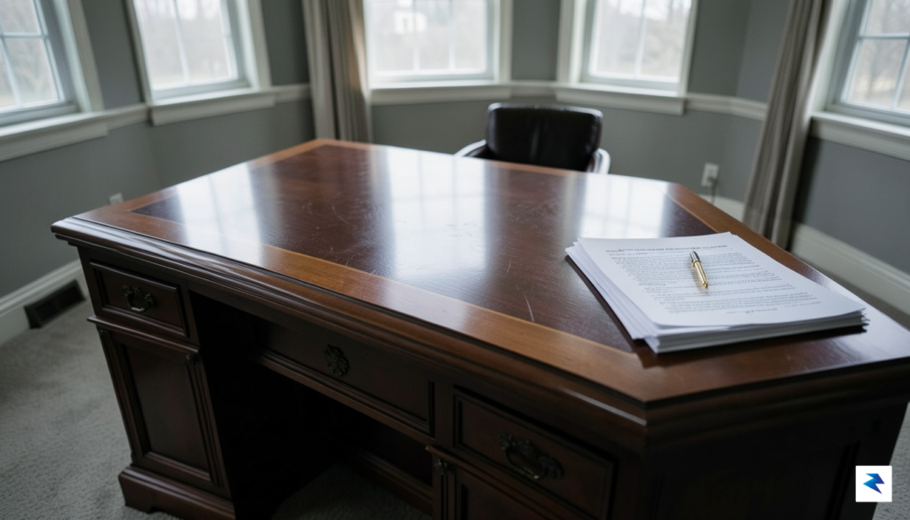 A wide-angle shot of an empty mahogany desk in the&hellip;