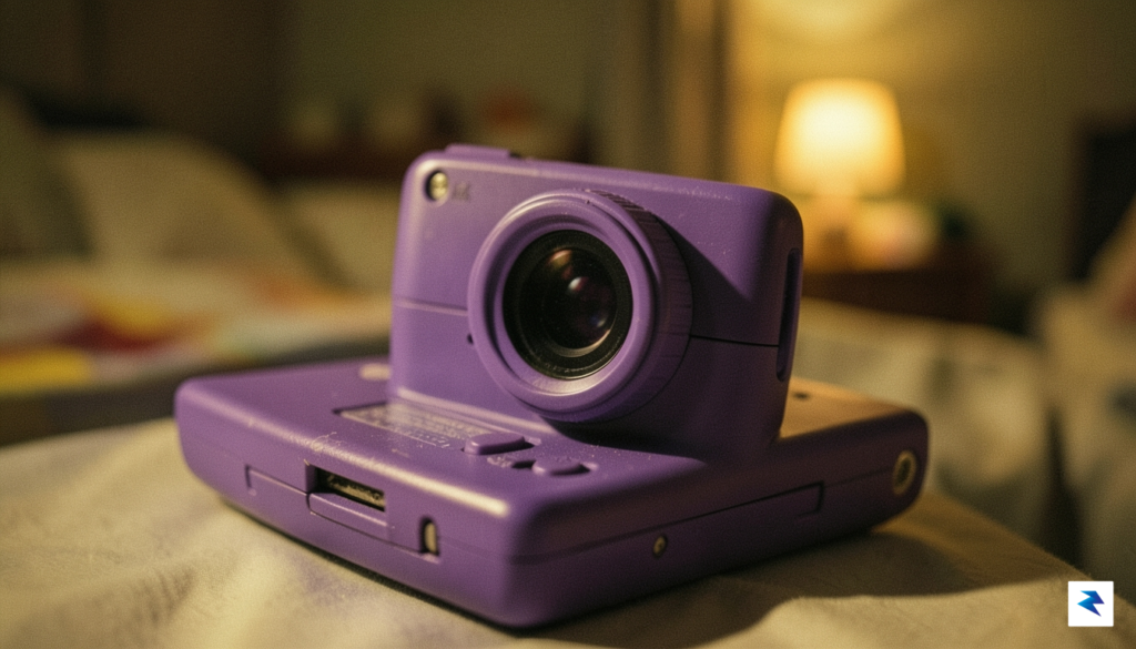 A close-up, high-contrast shot of a vintage purple Game Boy&hellip;