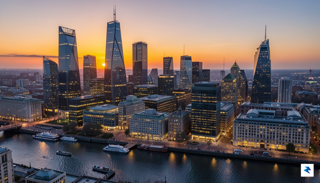 A wide-angle view of the London skyline at dusk, focusing&hellip;
