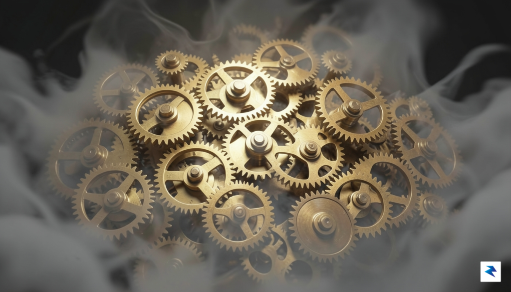 A conceptual digital illustration of a complex clockwork mechanism with&hellip;