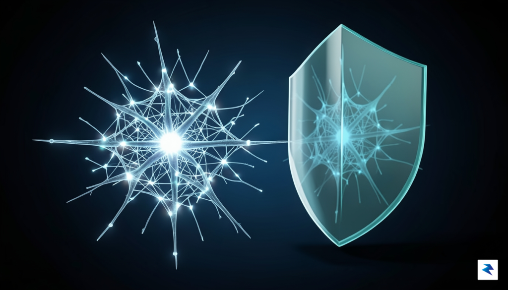 A conceptual digital illustration showing a glowing, intricate neural network…