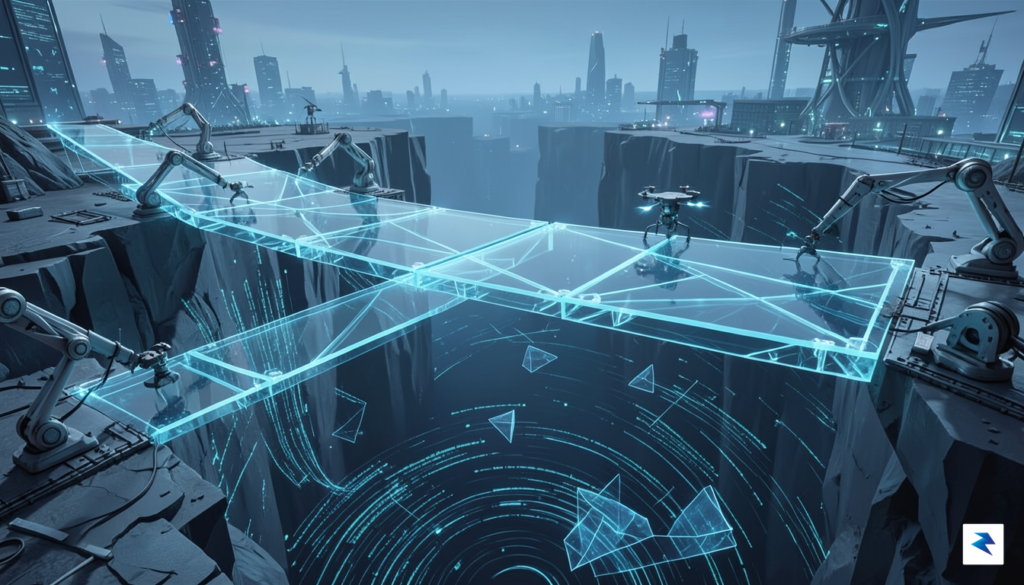 A conceptual digital illustration showing a futuristic, transparent glass bridge…