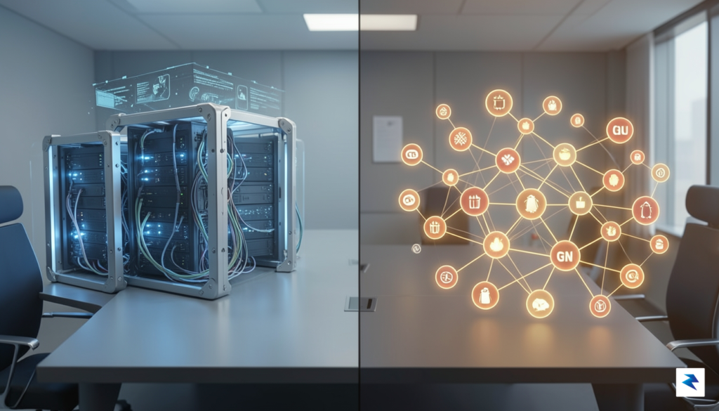 A conceptual digital illustration showing a high-tech boardroom table split…