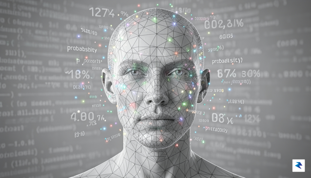 A conceptual digital illustration showing a human face wireframe overlaid…