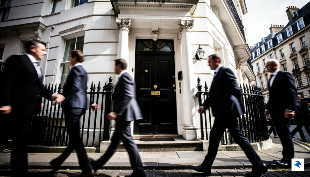 A wide-angle, high-contrast photograph of the front door of 10&hellip;