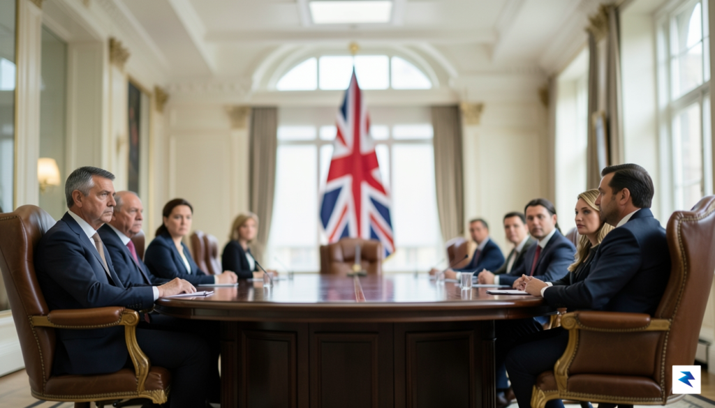A wide-angle photograph of a G7 summit table, showing empty&hellip;