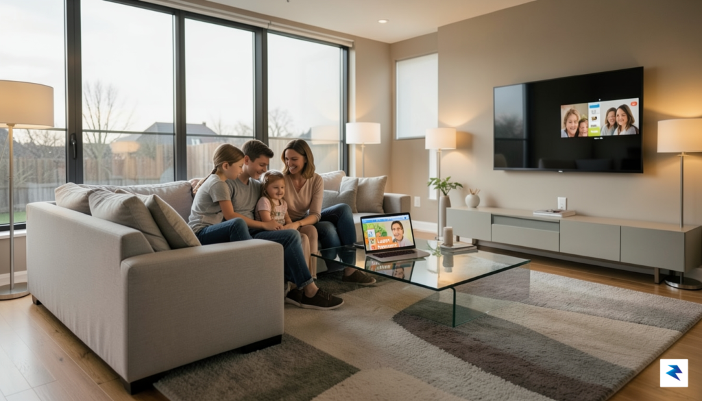 A modern, brightly lit living room where a family is…