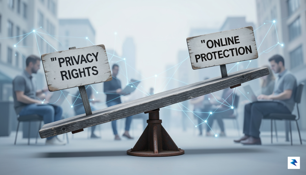 A conceptual image showing a seesaw with "Privacy Rights" on…