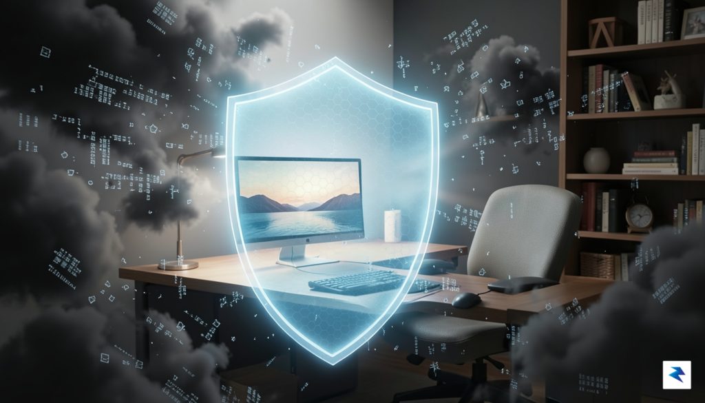 A conceptual digital illustration showing a glowing, transparent shield protecting…