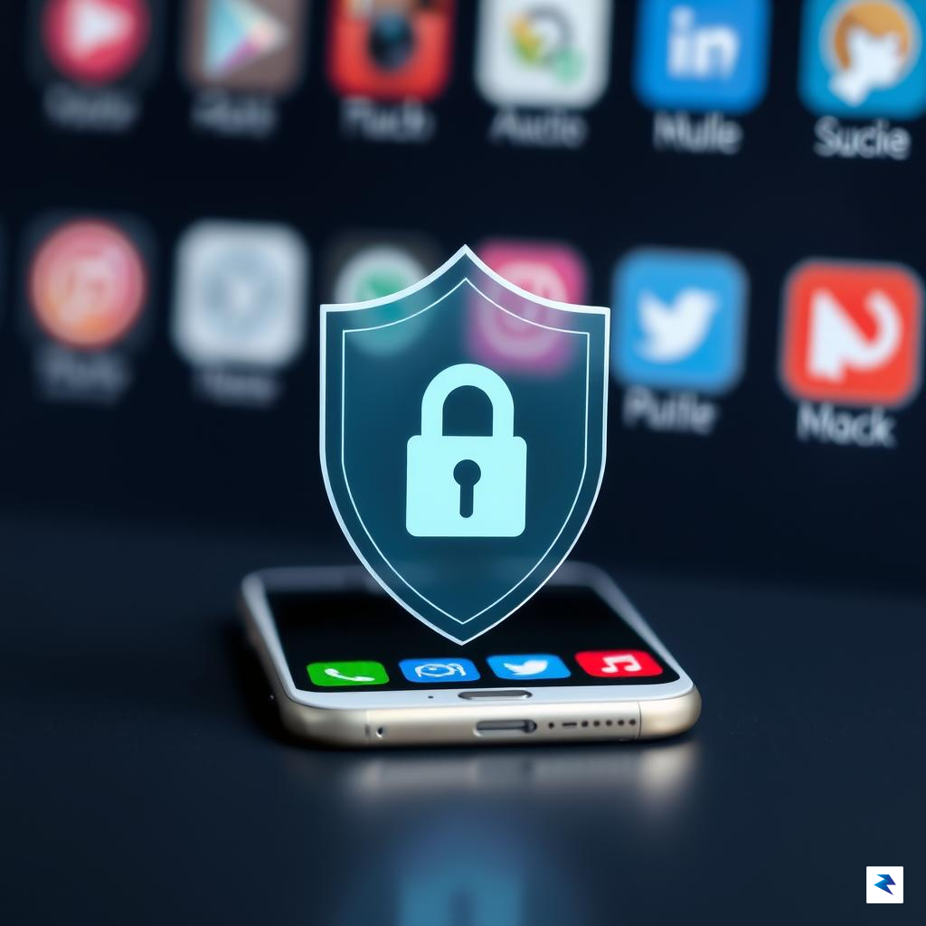 A conceptual illustration of a digital shield protecting a smartphone…