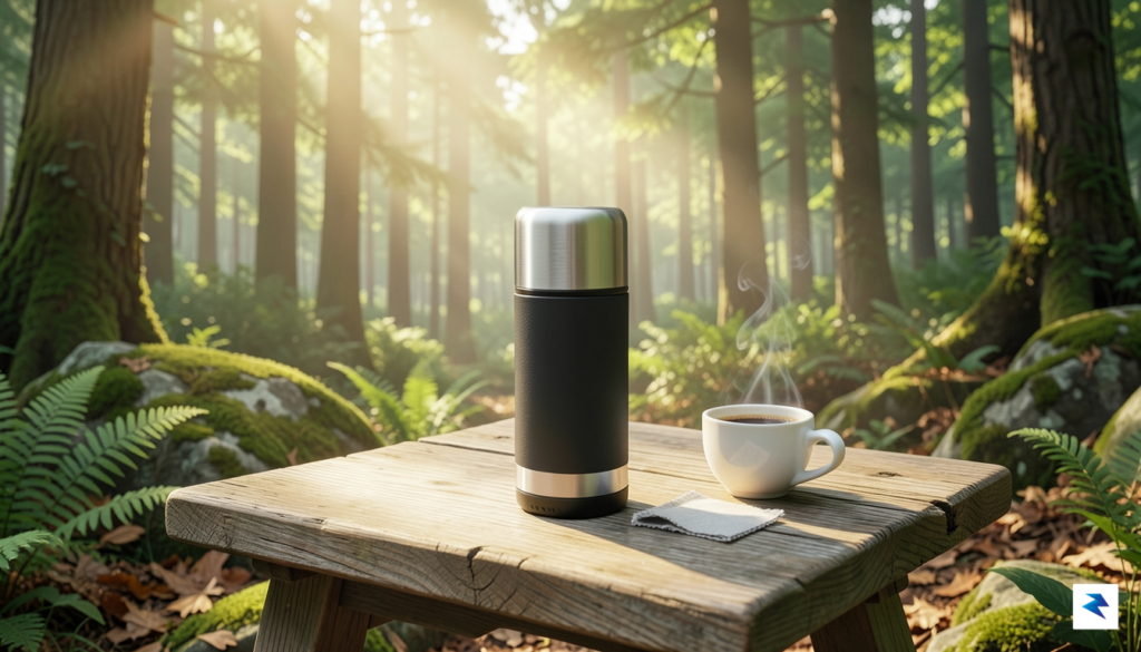 A sleek, minimalist portable espresso device sitting on a wooden…