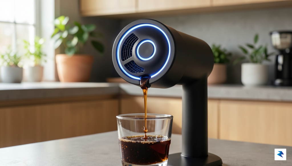 A close-up, high-definition photograph of a sleek, minimalist coffee extraction…
