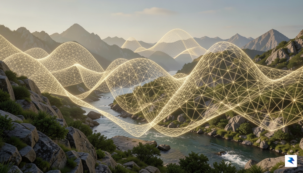 A conceptual digital art piece showing golden geometric oscillator waves&hellip;