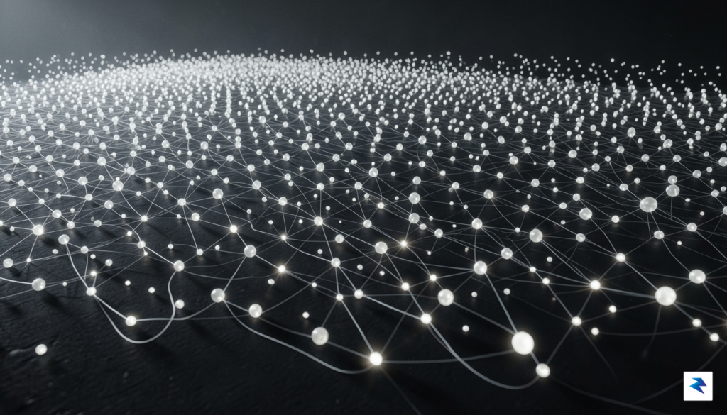 A conceptual visualization showing a field of glowing, interconnected rhythmic&hellip;