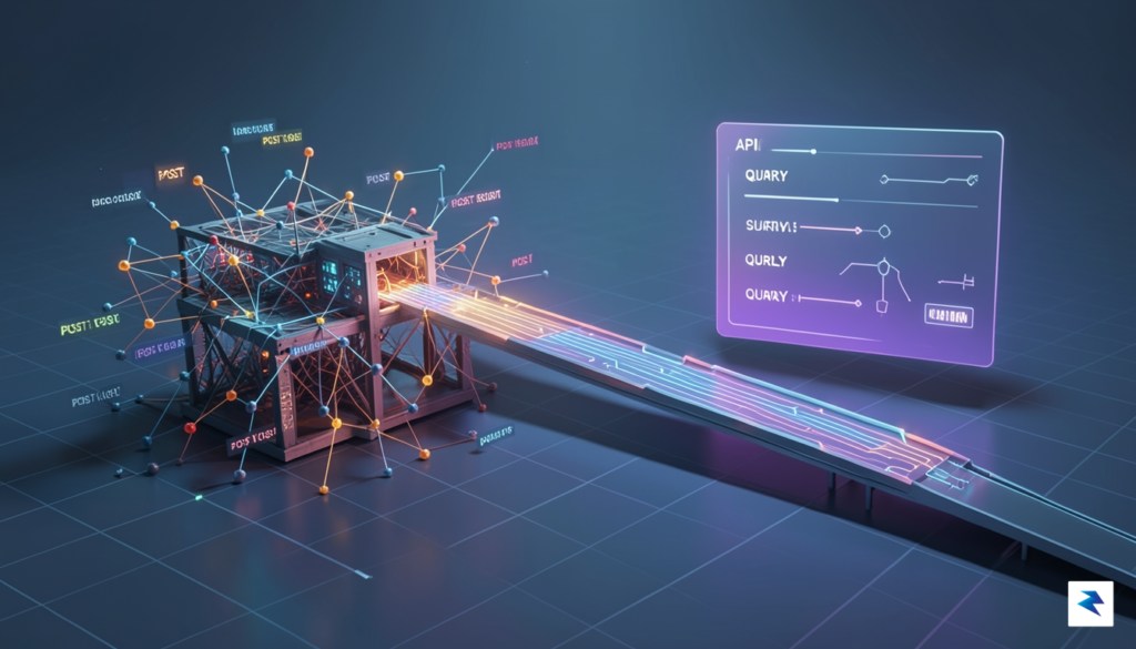 A conceptual illustration showing a digital bridge connecting a legacy…