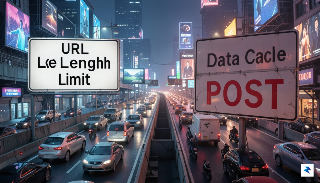 A conceptual digital illustration showing a highway bottleneck labeled 'URL…