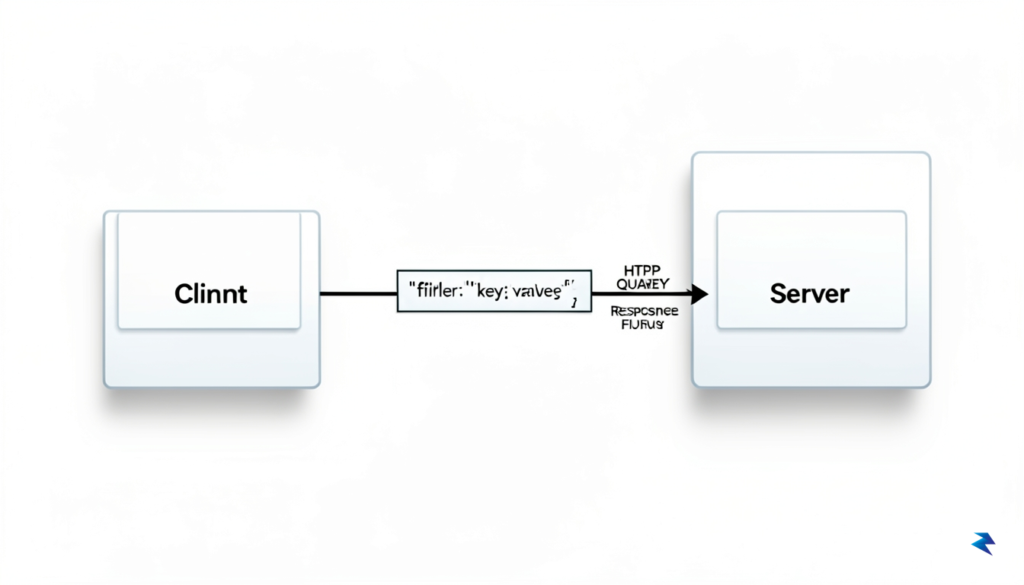 A clean, technical diagram showing a client sending a JSON-based…