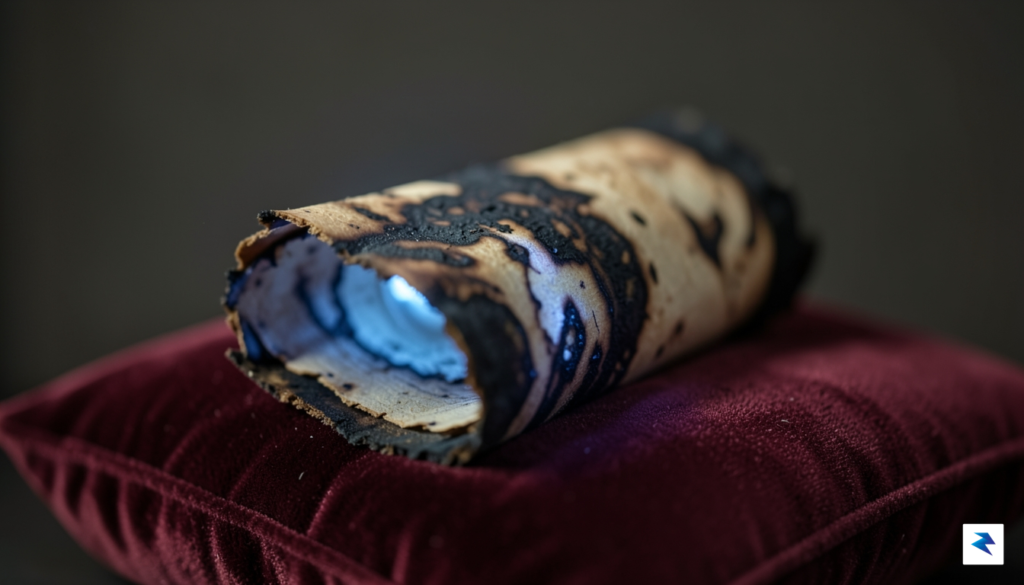 A close-up, high-resolution shot of a charred, cylindrical Herculaneum scroll&hellip;