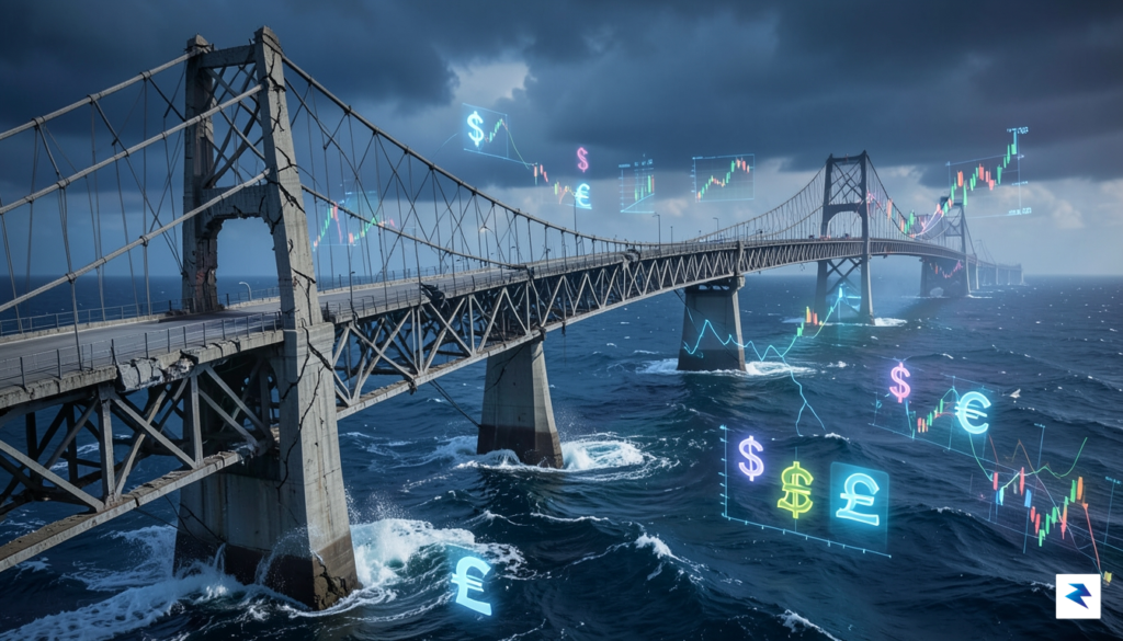 A conceptual digital illustration showing a cracked transatlantic bridge connecting&hellip;