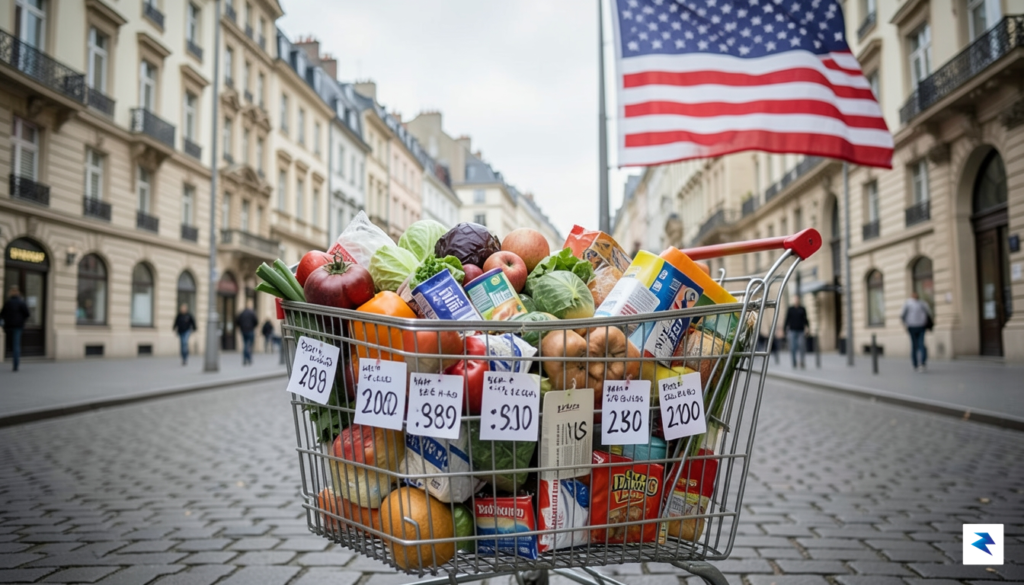 A shopping cart overflowing with goods, with price tags showing&hellip;
