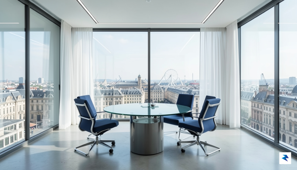 A modern, sleek glass conference room in Brussels overlooking a&hellip;