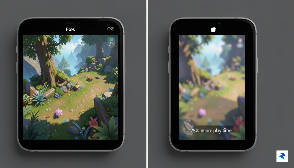 A close-up split-screen comparison showing a handheld gaming device displaying&hellip;
