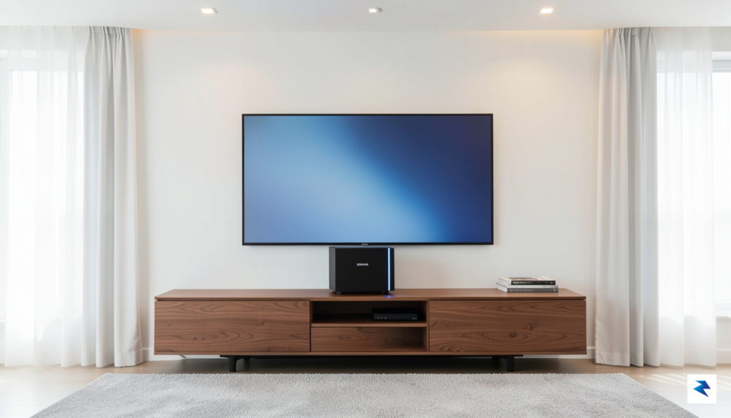 A sleek, minimalist living room setup featuring a matte-black, high-end&hellip;