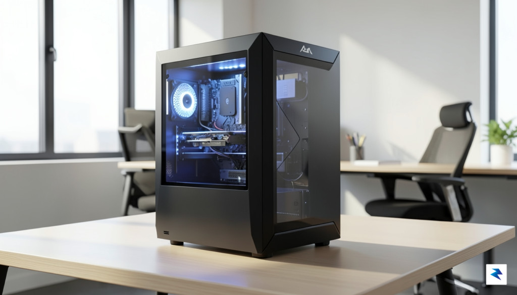A sleek, modular gaming PC chassis with internal components glowing&hellip;