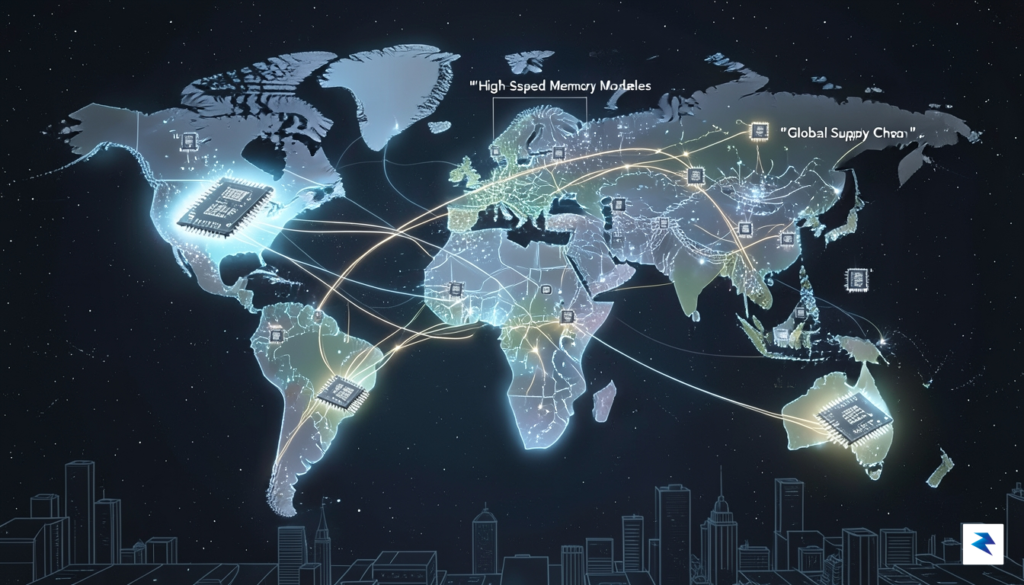 A conceptual digital illustration showing a complex, glowing global supply&hellip;