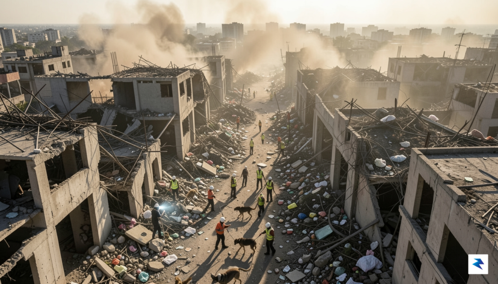 A wide-angle, aerial view of a devastated Venezuelan city showing&hellip;
