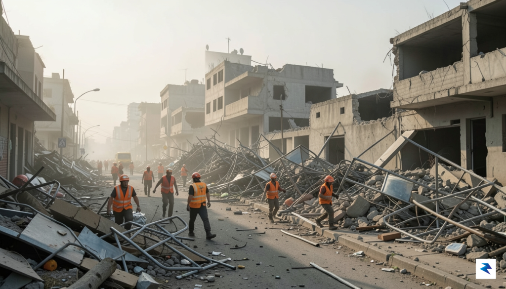A wide-angle shot of a devastated Venezuelan city street showing&hellip;