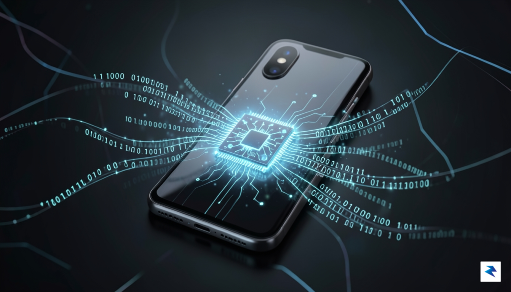 A conceptual illustration showing a miniaturized, glowing neural network chip&hellip;