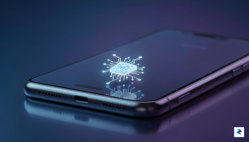 A conceptual illustration of a miniature, glowing neural network chip&hellip;