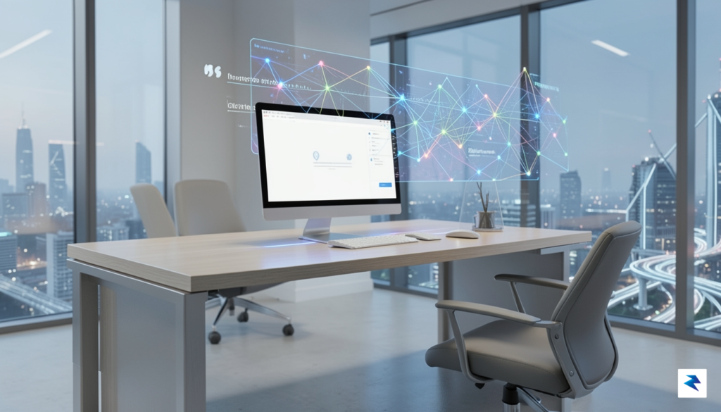 A modern, minimalist office workspace with holographic data overlays, representing&hellip;