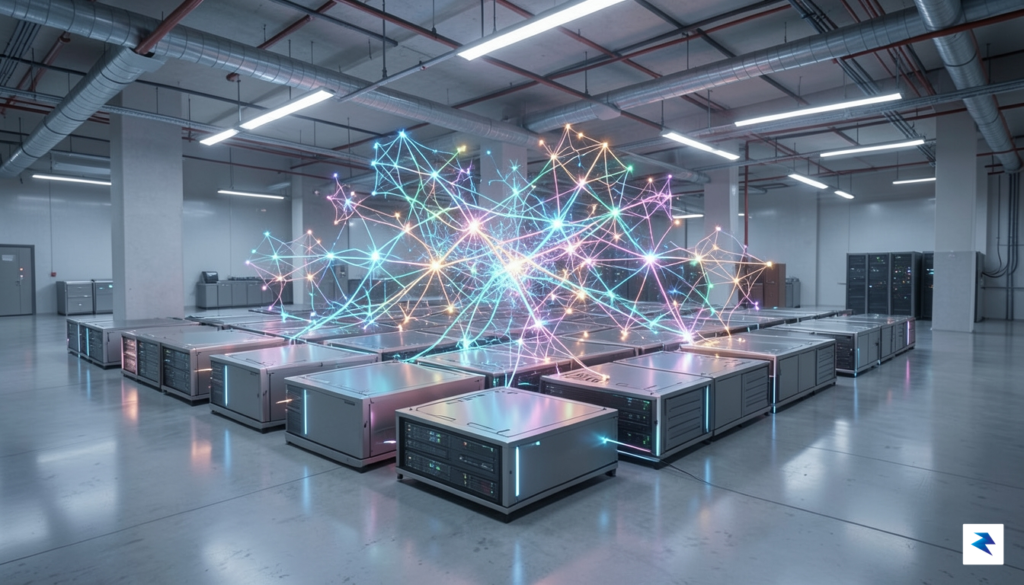 A conceptual digital illustration showing a futuristic, glowing neural network&hellip;