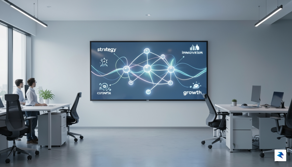 A modern, sleek office environment showing a digital interface with&hellip;