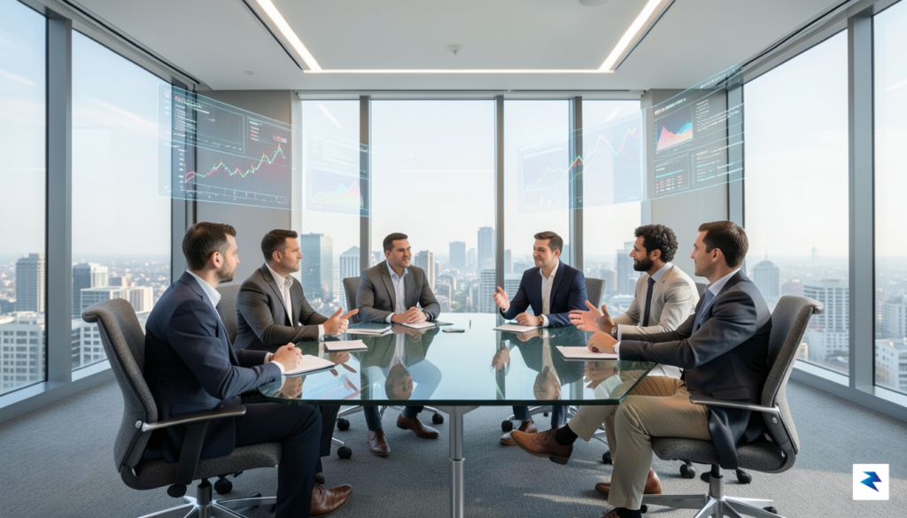 A modern, high-tech boardroom setting with a diverse team of&hellip;