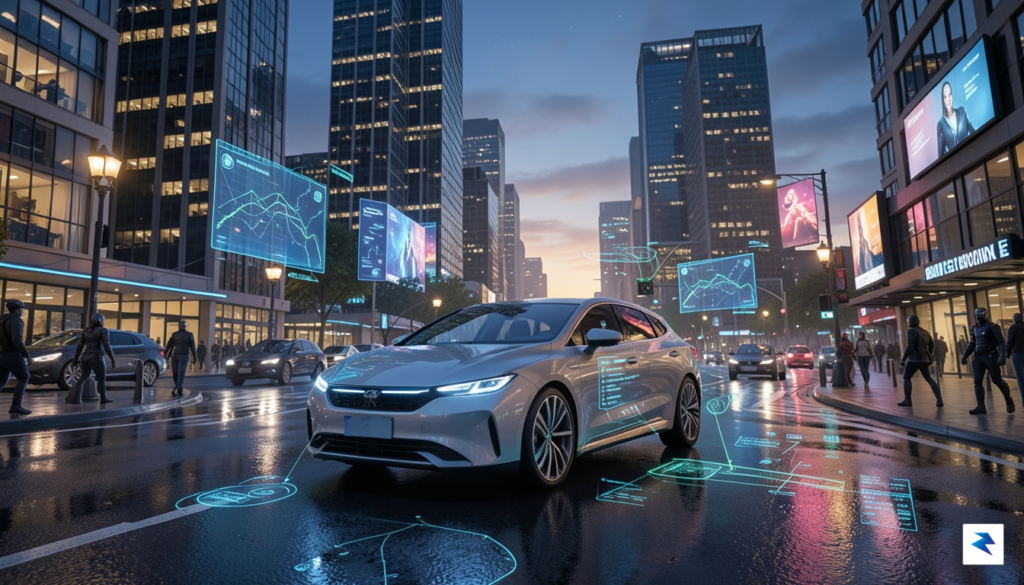 A wide-angle, futuristic street scene at dusk featuring a sleek&hellip;