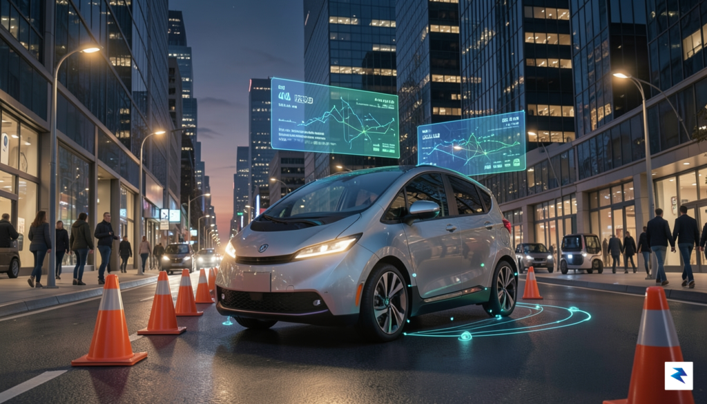 A digital illustration showing a futuristic urban street scene where&hellip;