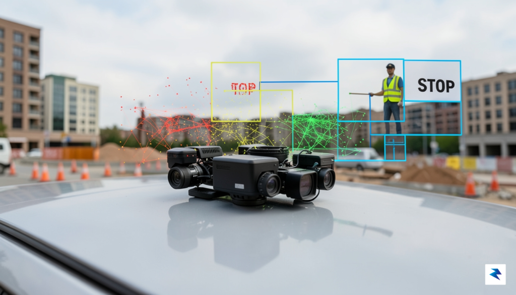 A close-up view of a self-driving car&rsquo;s sensor suite mounted&hellip;