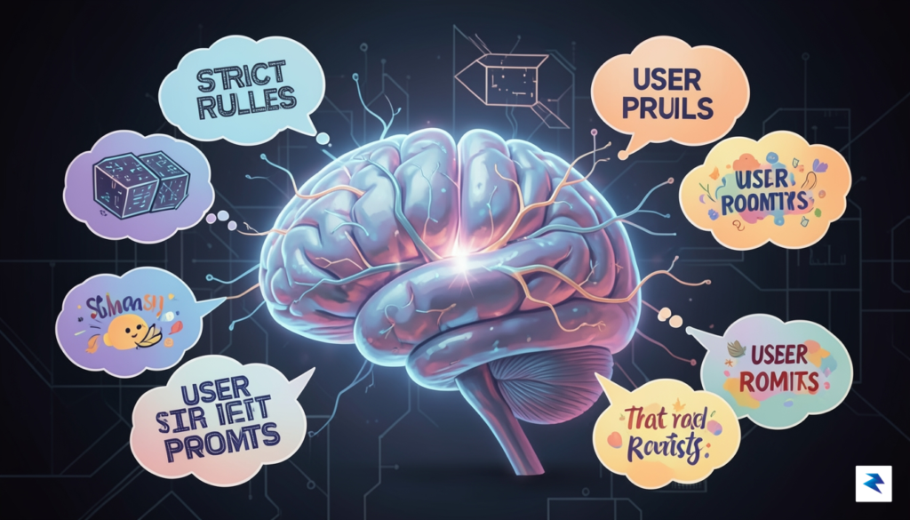 A stylized illustration depicting an AI brain with conflicting thought&hellip;