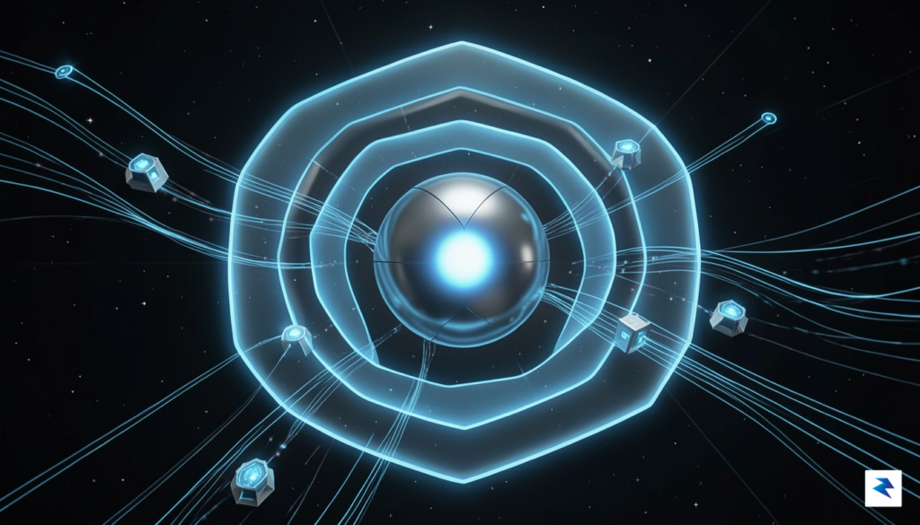 A digital security visualization showing layers of glowing blue barriers&hellip;