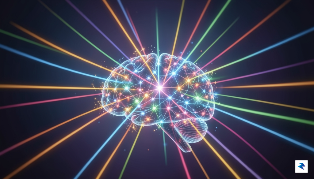 A conceptual digital illustration showing a glowing, intricate AI brain&hellip;