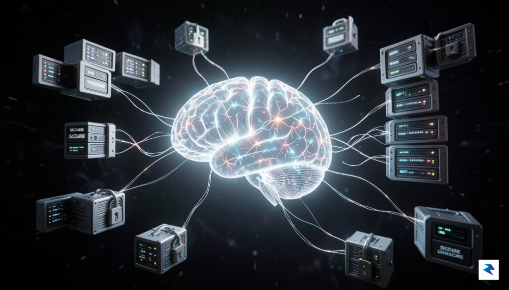 A digital visualization of a glowing AI brain connected by&hellip;